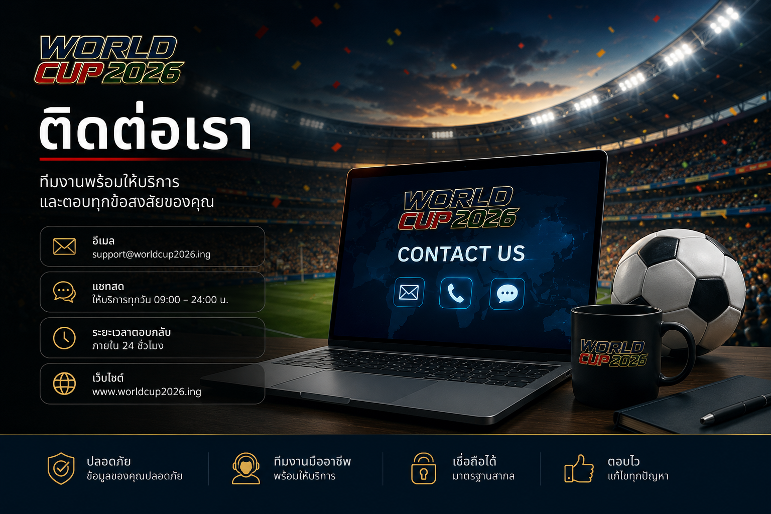 ติดต่อเรา worldcup2026.ing ทีมงานพร้อมให้บริการ ตอบคำถาม และช่วยเหลือเกี่ยวกับฟุตบอลโลก 2026