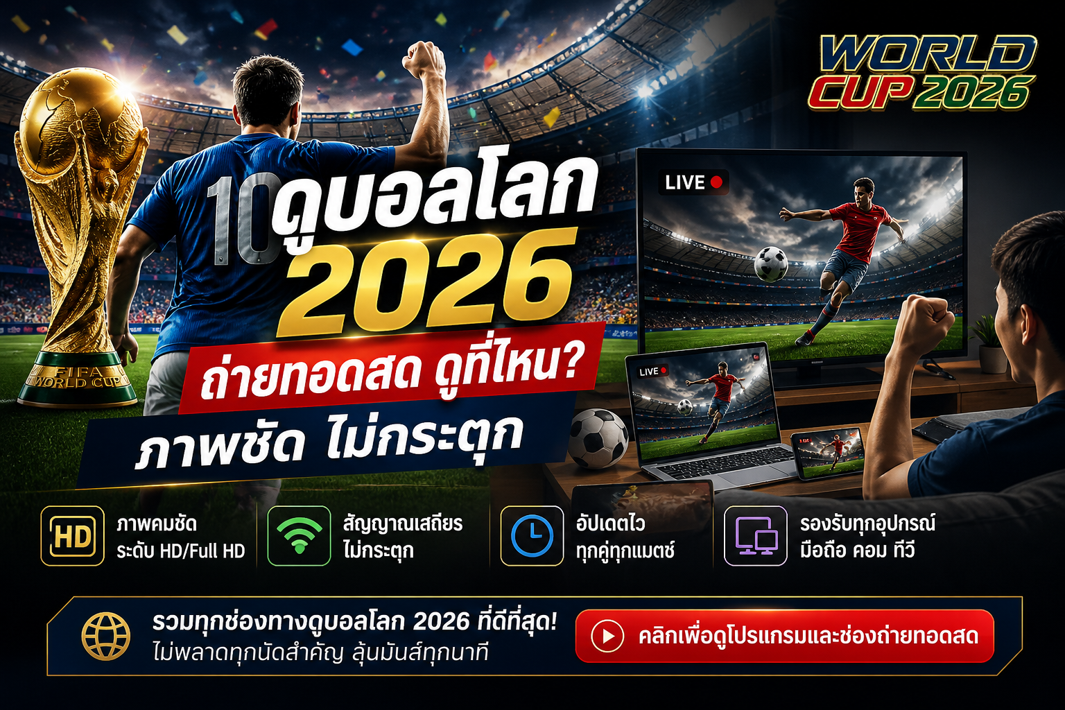 ภาพประกอบการดูบอลโลก 2026 ถ่ายทอดสด แบบภาพชัดไม่กระตุก พร้อมช่องทางรับชมผ่านมือถือและทีวี