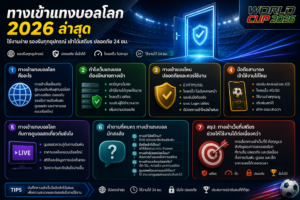อินโฟกราฟิก ทางเข้าแทงบอลโลก 2026 ล่าสุด รองรับมือถือ Android iOS ใช้งานง่าย ปลอดภัย โหลดเร็ว เข้าเว็บแทงบอลได้ตลอด 24 ชั่วโมง