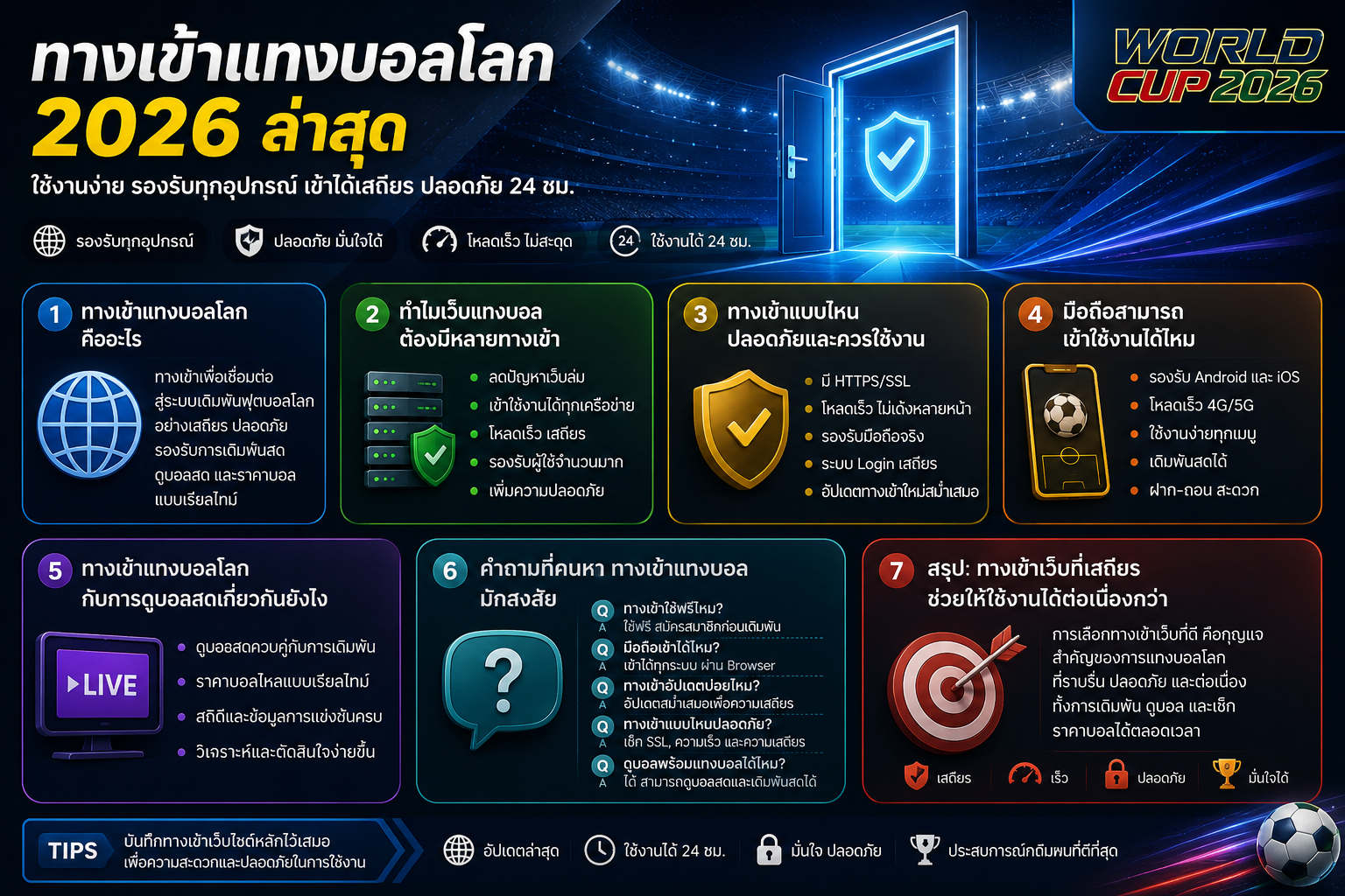 อินโฟกราฟิก ทางเข้าแทงบอลโลก 2026 ล่าสุด รองรับมือถือ Android iOS ใช้งานง่าย ปลอดภัย โหลดเร็ว เข้าเว็บแทงบอลได้ตลอด 24 ชั่วโมง