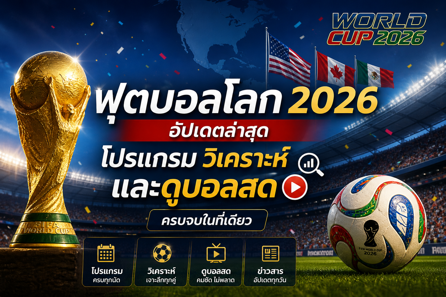 ภาพฟุตบอลโลก 2026 อัปเดตล่าสุด แสดงโปรแกรมการแข่งขัน วิเคราะห์ฟุตบอล และช่องทางดูบอลสดครบในที่เดียว