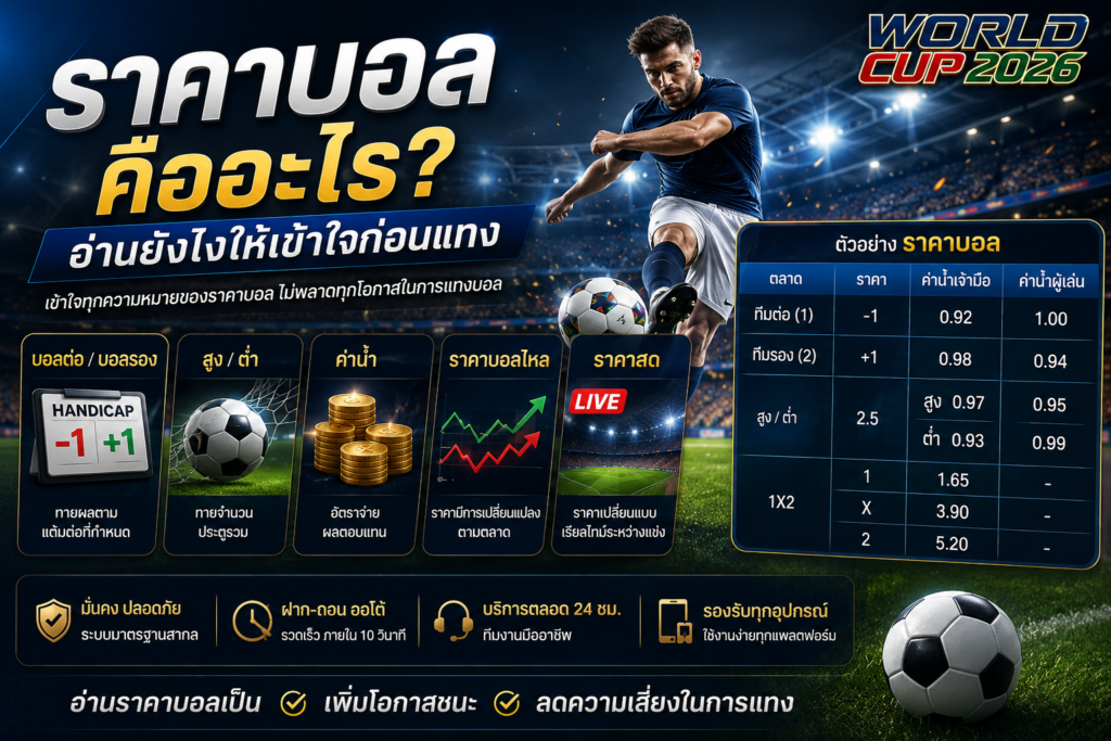 ราคาบอล คืออะไร วิธีอ่านราคาบอลแบบเข้าใจง่าย พร้อมอธิบายบอลต่อบอลรอง ราคาบอลไหล ค่าน้ำ และราคาสูงต่ำ สำหรับฟุตบอลโลก 2026