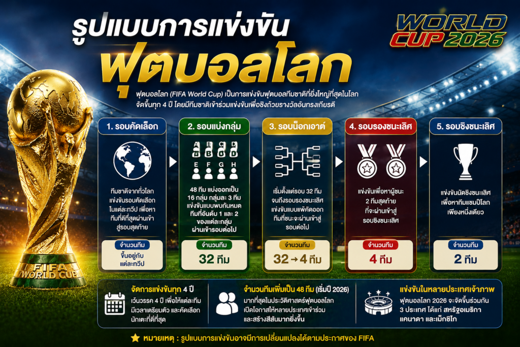 ภาพอธิบายระบบการแข่งขันฟุตบอลโลก 2026 พร้อมรายละเอียดรอบแบ่งกลุ่ม รอบน็อกเอาต์ และรูปแบบการแข่งขันใหม่ของ FIFA World Cup