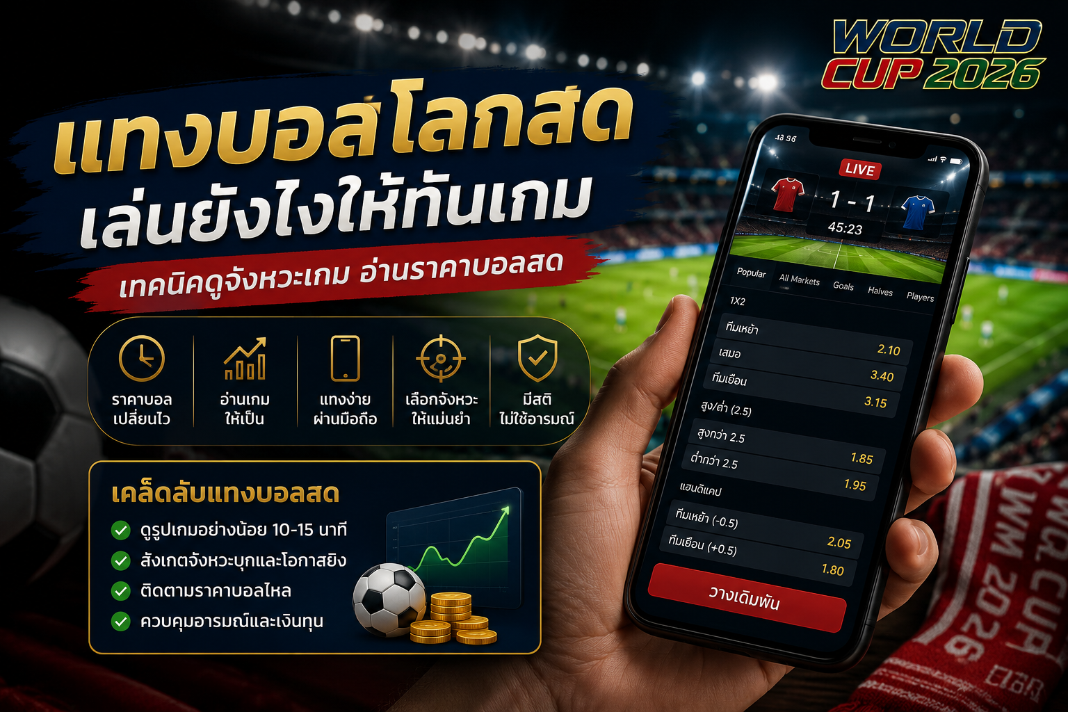 แทงบอลโลกสด เล่นยังไงให้ทันเกม พร้อมเทคนิคดูราคาบอลสด วิเคราะห์ momentum เกม และแทงบอลสดผ่านมือถือ ฟุตบอลโลก 2026